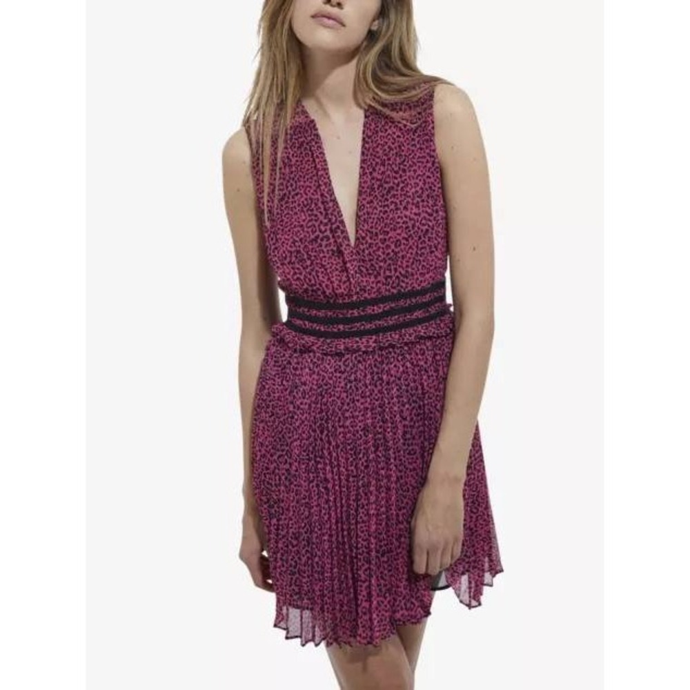 The Kooples Pink Leopard Print Pleated Woven Mini Dress V-Neck Sleeveless Size 3